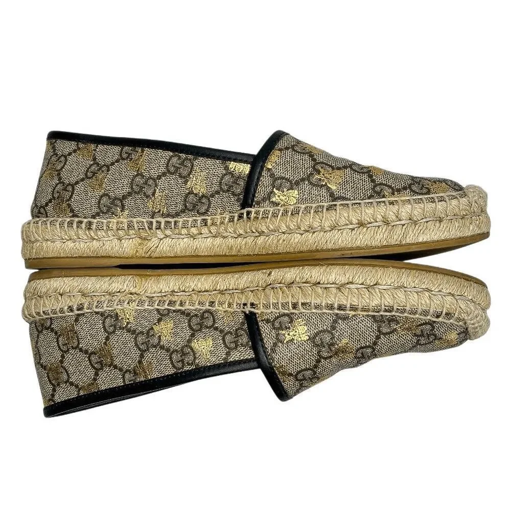 Gucci Pilar Espadrille Flats EU 38.5 US 8.5 GG Supreme Bee Logo Beige Slip Ons